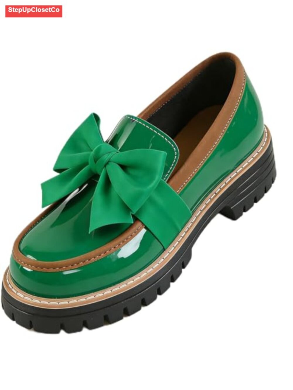 Women's Patent Leather Bowknot Chunky Platform Loafers Non-Slip Lug Sole Dress